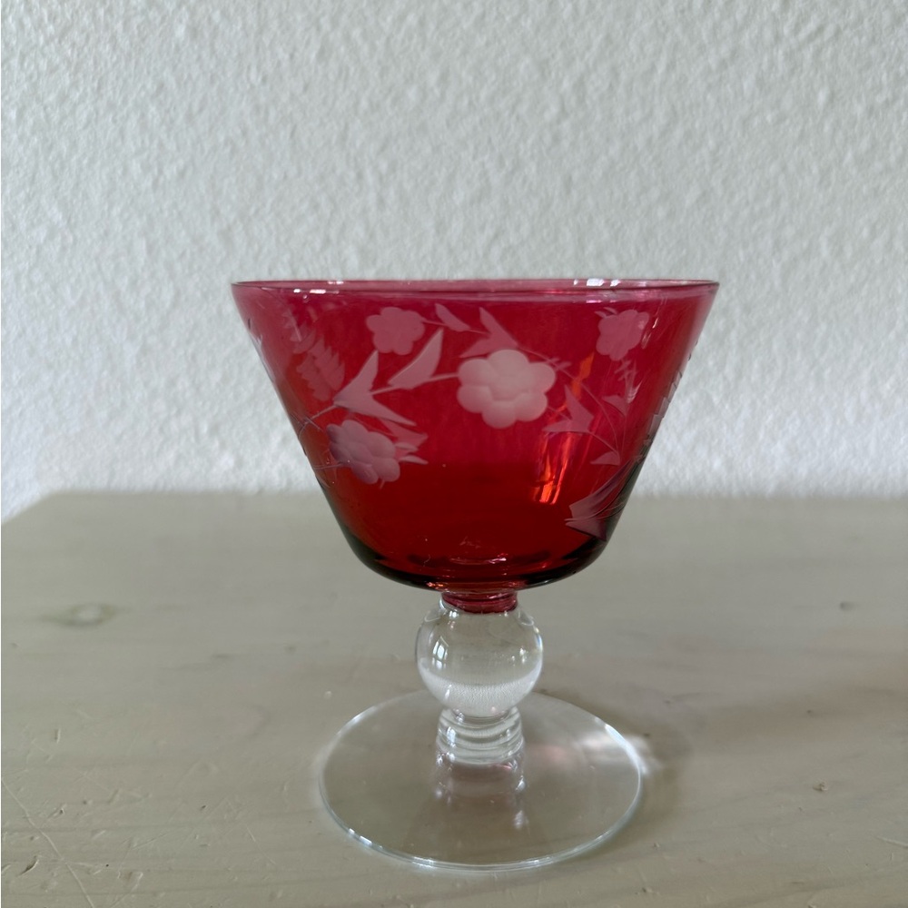 Red Floral Etched Ruby Stained champagne glasses